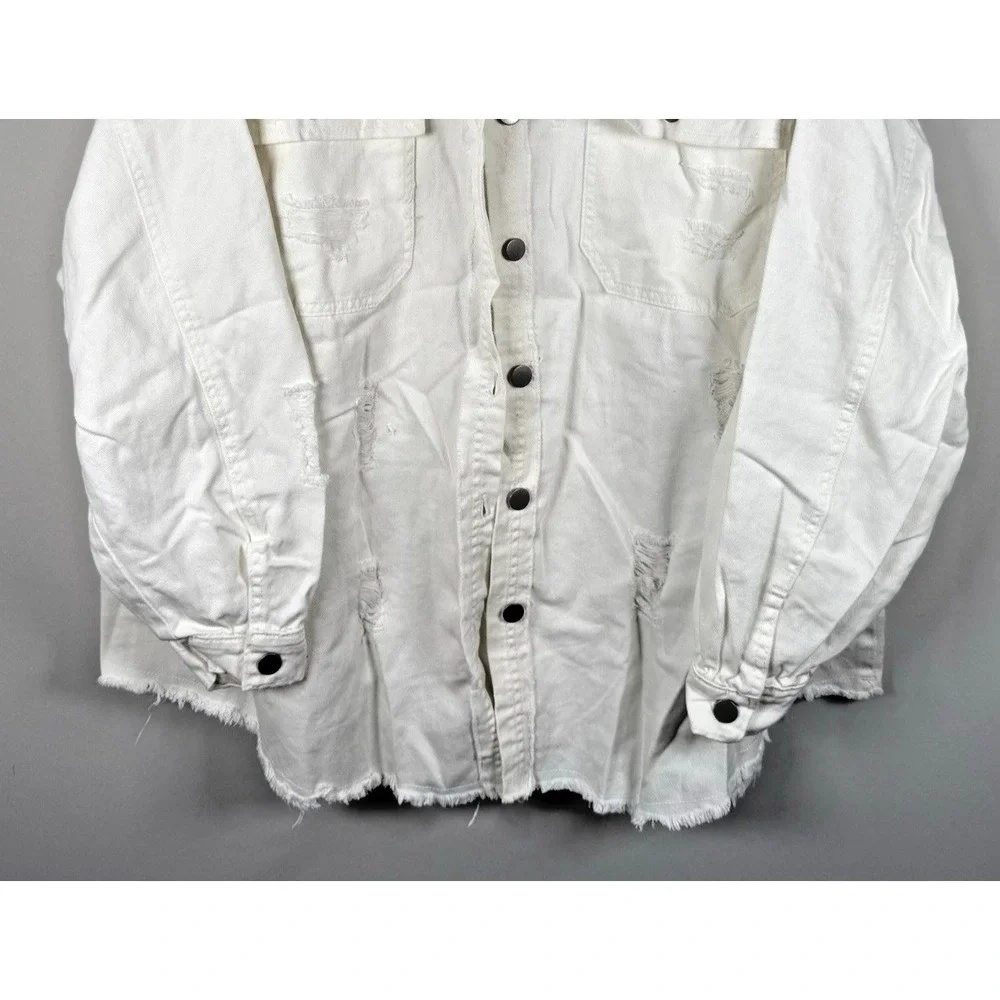 Y2K Distressed White Denim Jacket Long Sleeve Button Casual Womens‎ 3XL NEW